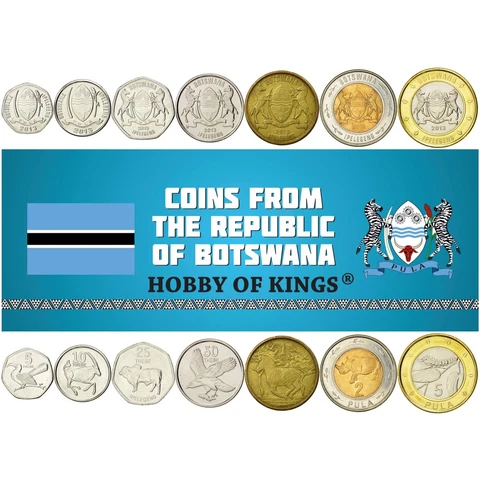 Batswana 7 Coin Set 5 10 25 50 Thebe 1 2 5 Pula | Eagle | Botswana | 2013 - 2016 Cover