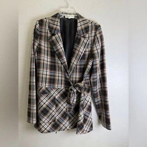 Pamela Love Plaid Tie Waist Blazer Medium Women's Jacket Fall Brown - Picture 1 of 4
