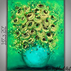 Oil Painting Modern Abstract Flowers Green Blue Vase Texture Canvas 16 by 20 AMA - Picture 1 of 13