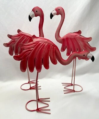 Set of 3 Whimsical Indoor/Outdoor Pink Metal Bobble Body Flamingo Sculptures 14” - Image 1 of 4