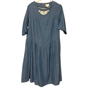 Roamans Vintage Sz 8A (18) Denim Short Sleeve Cottage Core Floral Applique Dead - Picture 1 of 5