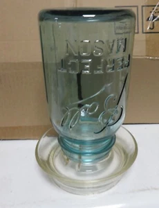 Vintage Glass Chicken Poultry Waterer Clear Base w/ Blue #5 Jar Farmhouse - Picture 1 of 8