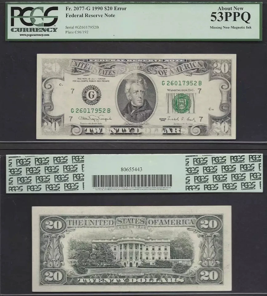 $20 1990 FRN Missing Magnetic Ink Error PCGS About New 53PPQ - Image 1 of 1