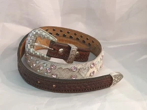 Girls Leather Silver Cow hide Rhinestone Hearts Belt Sz 32 - Picture 1 of 19