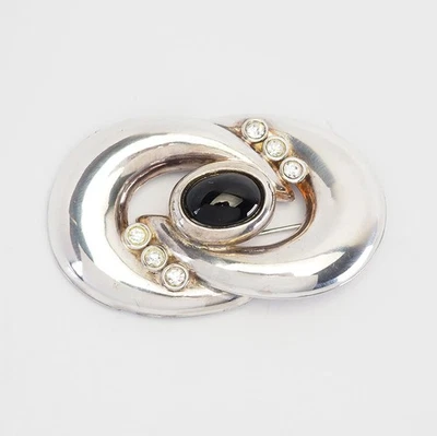 Grande Vintage Argento Sterling Cristalli E Onice Vortice Moderni Spilla - Immagine 1 di 3