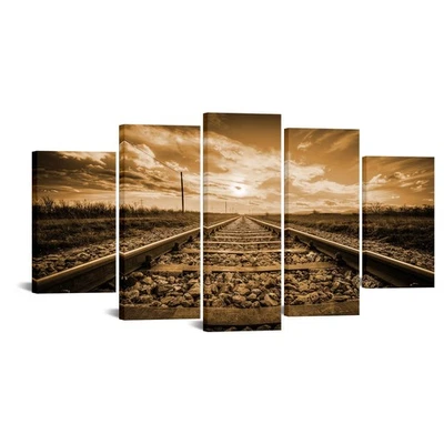 5 Панелей большой холст настенное искусство винтажный сепия железной дороги трек жикле печати изображение... - Изображение 1 из 4