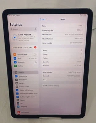 Apple iPad Air A2316 4th Generation 64GB  Wi-Fi  10.9 inch  Space Grey V-Good - Image 1 of 3