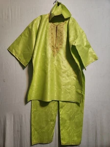 Pantaloni da uomo broccato africano 3 pz tuta dashiki con cappello verde lime taglia unica - Foto 1 di 14