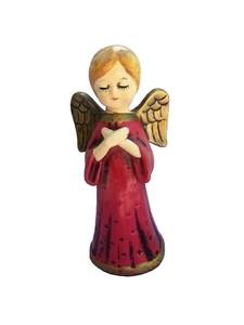 Vtg Christmas Angel Red Robe Eyes Closed Praying! PAPER MACHE! JAPAN! 6" TALL! - Picture 1 of 5