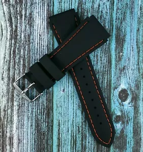 Hadley-Roma 20 mm Black Genuine Silicone Orange Stitch Dive Watch Band MS3345 - Picture 1 of 12