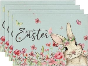 Blue Bunny Rabbits Flower Happy Easter Placemats Set of 4, 12X18 Inch Seasonal S - Picture 1 of 11