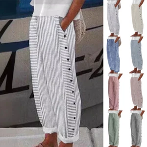 Ladies Trousers Stripes Casual Loose Pockets Pants Elastic Waist PLUS SIZE 6-24 - Picture 1 of 20