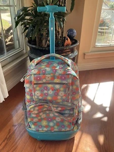 J World New York Blue Floral Rolling Backpack Roller Bag Wheels Travel - Picture 1 of 5