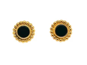 18K Solid Yellow Gold Round Onyx Stud Earrings - Picture 1 of 4