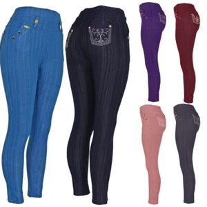 Women's Stretch Jeggings, Denim Look Pants with Embroidered Pocket & Gold Trim - Picture 1 of 37