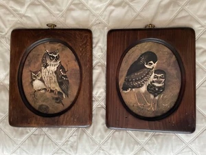 SET 1972 BELART INC Mom Dad Baby Owl Double Wood Framed Wall Art - Picture 1 of 7