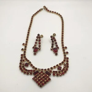 Vintage Red Garnet Rhinestone Festoon Swag Drop Princess Necklace & Earrings Set - Picture 1 of 10