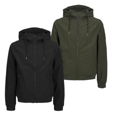Jack & Jones Jacket Softshell Hooded Full Zip Coat Zip Pockets Black Green - Image 1 of 4