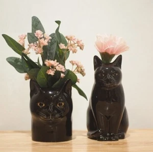 Vase Pot Ceramic Black Cat Figurine Flower Succulent Flower Animal Home Decor - Picture 1 of 5