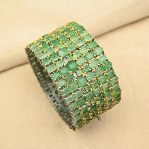 Luxurious Emerald Bracelet-925 Silver, Multi Row Gemstone Cuff,Statement Jewelry - Picture 1 of 8