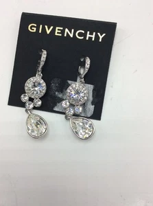 $68 Givenchy Drop Earrings silver tone  Double Drop clear crystal 721 GN - Picture 1 of 6