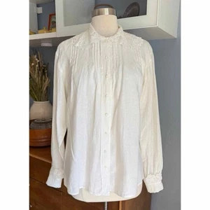 Vtg 80’s Ralph Lauren Linen Blouse Pin-tuck Pleat Lace 8 Victorian Ivory Cottage - Picture 1 of 8