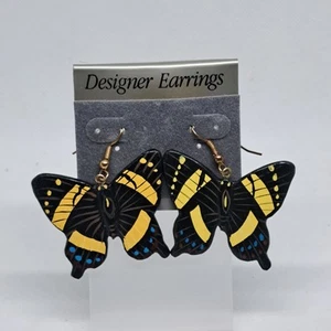 80's Handmade Handpainted Wood Black Yellow Butterfly dangle pierced earrings  - Picture 1 of 5