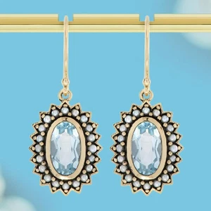 Pendientes colgantes estilo vintage de topacio azul y perlas de oro de 10K - Imagen 1 de 10