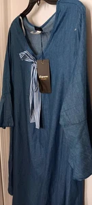 NWT Espresso Blue Scoop Tie Neck Cotton Dress W/ Bell Sleeves Women 2X - Picture 1 of 3