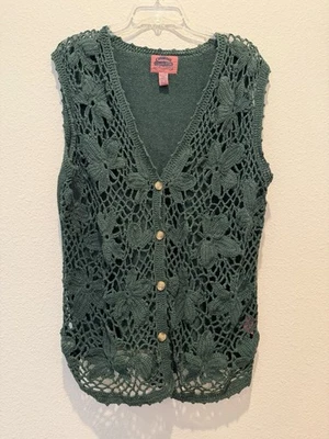 Vintage Hunter Green Crochet Vest Button Front Women’s Size L  Floral Design - Image 1 of 4