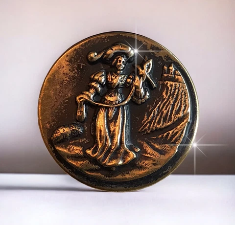 Victorian Vintage Antique Brass Stamped Picture Button Mary Tudor Cover