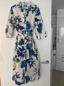 ZARA Blue & White Floral Printed Cotton Shirt Midi Dress Size L 3357/183 - Picture 1 of 5