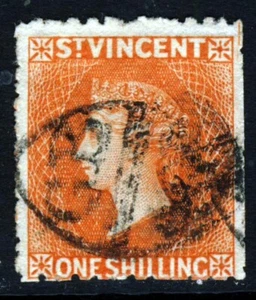 ST. VINCENT QV 1877 One Shilling Vermilion Wmk Star Sideways P11½x15 SG 25 VFU - Picture 1 of 2