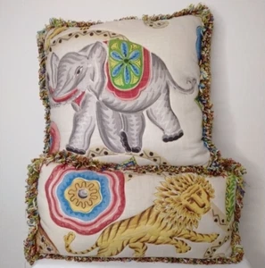 Circus Throw Pillow Covers Elephant Tiger Linen Quilted 17X17 and 10X20 Lot of 2 - Picture 1 of 10