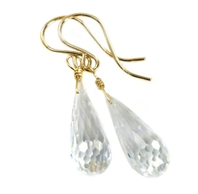 14k Solid Gold Cubic Zirconia Earrings Clear White CZ Briolette Sterling  Drops - Image 1 of 4