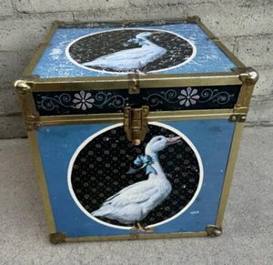 Vintage 1980s Decoupage Country Puddle Duck Book Storage Trunk Blue SARON Wood - Picture 1 of 13