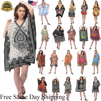 Women Hippy Boho Kaftan Tunic Dress Dashiki Caftan PlusSize Baggy Top Mini Dress - Image 1 of 4