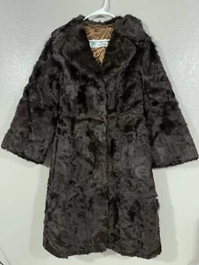 VTG Women Sz M Rabbit? Long Fur Coat Jacket Dark Brown Hook Loop Closure - Picture 1 of 12