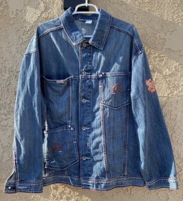 Vtg 90s Roca Wear Denim Chore Jacket Sz Xl Embroidered Leather Patches Blue - Image 1 of 4