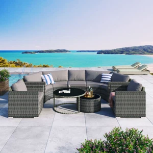 Round Sofa Set, 9-Pieces Outdoor Half-moon Patio Sofa Set, Modern Style Sofa - Picture 1 of 15