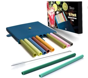 Set of 10 Silicone Drinking Reusable Straws + Silicone Case Holder + Cleaning Br - Picture 1 of 7