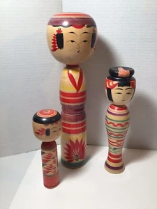 Lot Of 3 Japanese Kokeshi Dolls - Signed - Picture 1 of 13