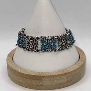 Brighton Turquoise Enamel Flower Scroll Link Bracelet Silver Tone Adjustable - Picture 1 of 7