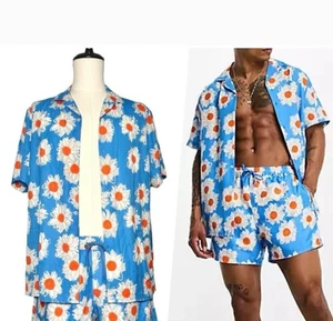 Mens ASOS Swim Designer Short Sleeve Shirt Relaxed Fit Retro Daisy PRINT Sz 3XL - Picture 1 of 6