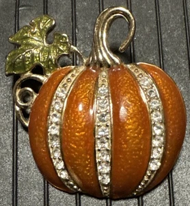NAPIER Emaille goldfarben klar Strass Kürbis Anstecknadel Brosche Ernte Herbst - Bild 1 von 5
