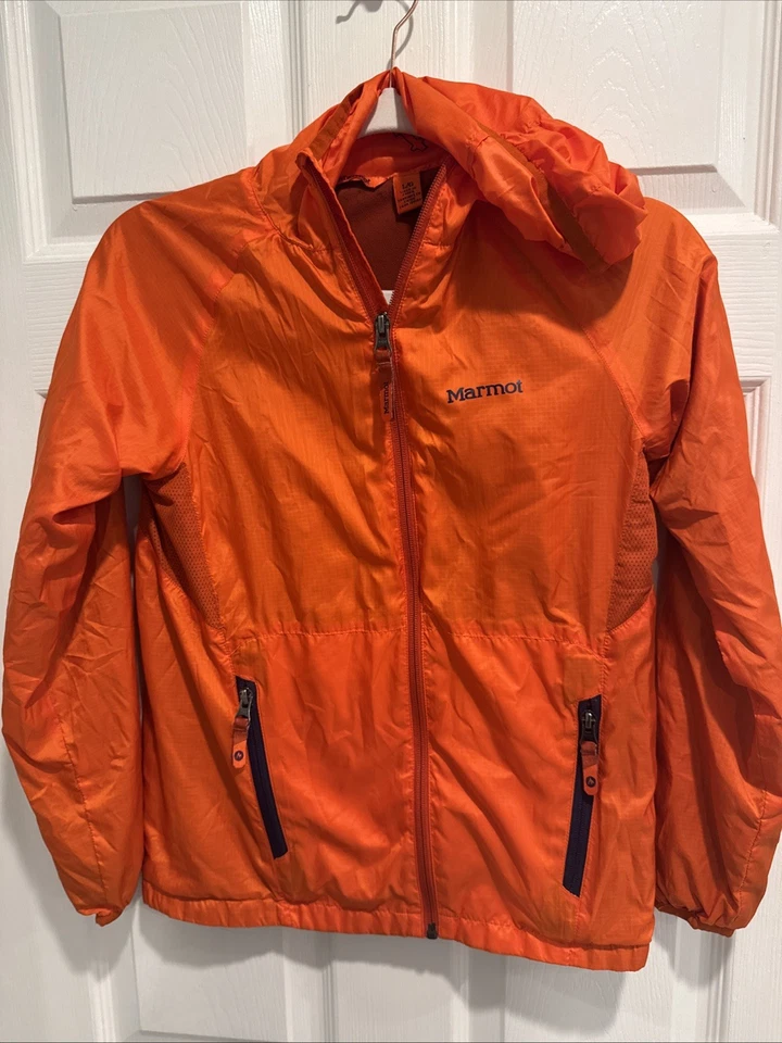 Cortavientos Marmot, con capucha, naranja, talla grande para niños Foto 1 de 3