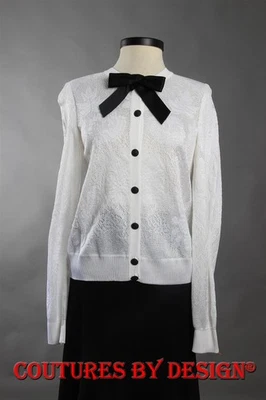 Cárdigan brocado aguja fina St John Knits blanco y caviar talla pequeña nuevo con etiquetas precio de venta sugerido por el fabricante 1195 Foto 1 de 2