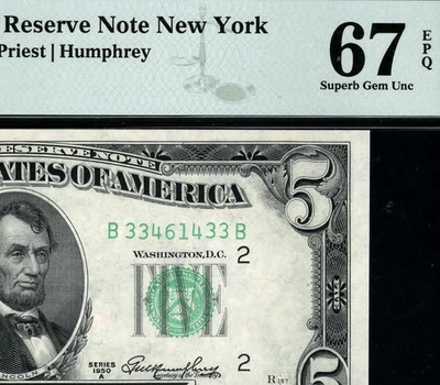 1950A $5 New York Federal Reserve Note FRN • Fr.1962-B • PMG 67 EPQ - Image 1 of 3