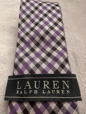 Corbata Ralph Lauren Negra Púrpura Beige A Cuadros DE COLECCIÓN Viscosa Seda Foto 1 de 4
