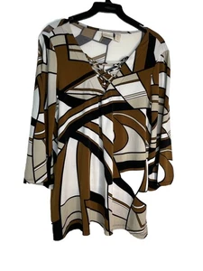 Chico's 70s Hippy Mod Swirl art Pattern geometric Print sz 1 M Top Blouse (15 - Picture 1 of 7